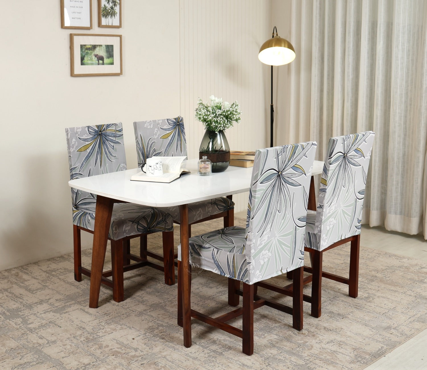 Cassia Floral Printed Polyester Spandex 4 Piece Chair Cover (Grey)
