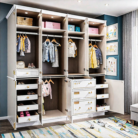 Trueliving 4 Door Walk-in Kids wardrobe Laminated Finish & PU Finish with Drawers (6Ft *2Ft *9Ft -1828.8MM X 609MM X 2743.2MM)