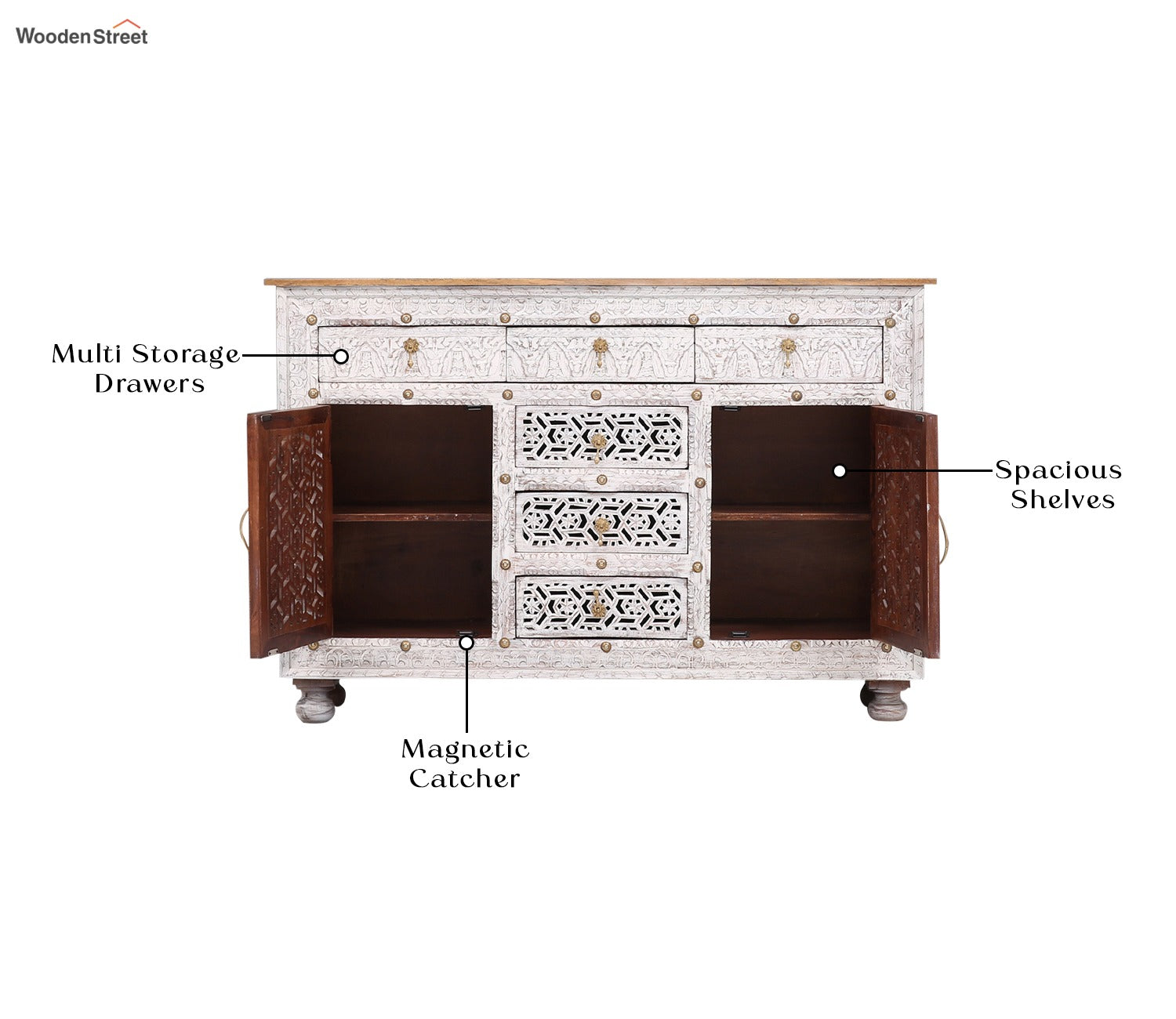 Edmond Mango Wood White Cabinet and Sideboards with 6 Drawers