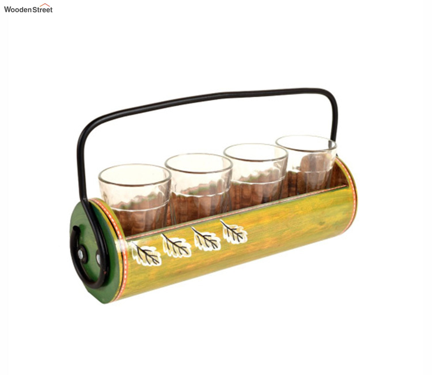 Green Colour Wooden Snacks Carrier With Glasses