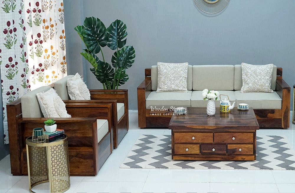 Marriott Wooden Sofa Set in 3+1+1 Seating (Honey Irish Cream)