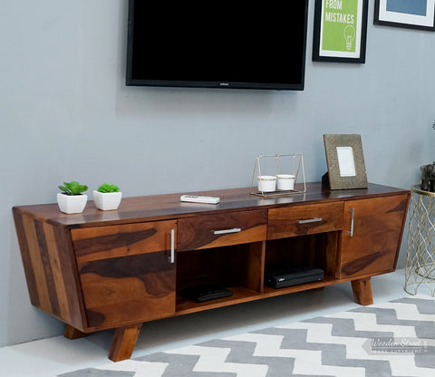 Melvina Sheesham Wood Tv Unit with Cupboards Drawers and Shelve Storage (Honey Finish)