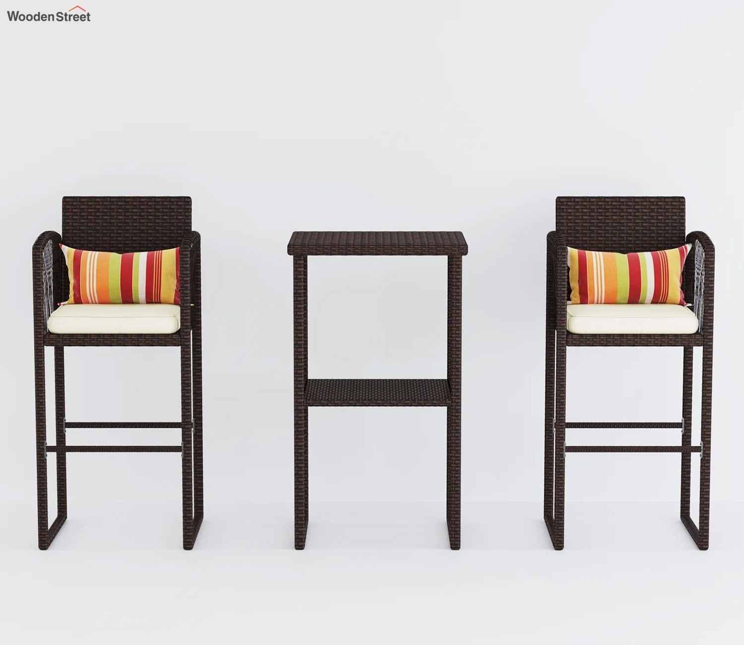 Dark Brown Rattan And Wicker Outdoor Bar Set With Cream Cushions