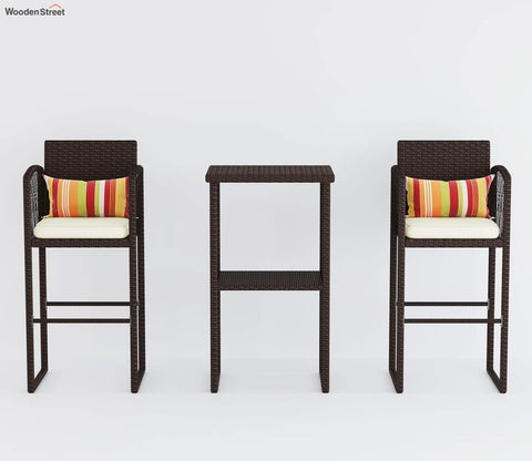Dark Brown Rattan And Wicker Outdoor Bar Set With Cream Cushions