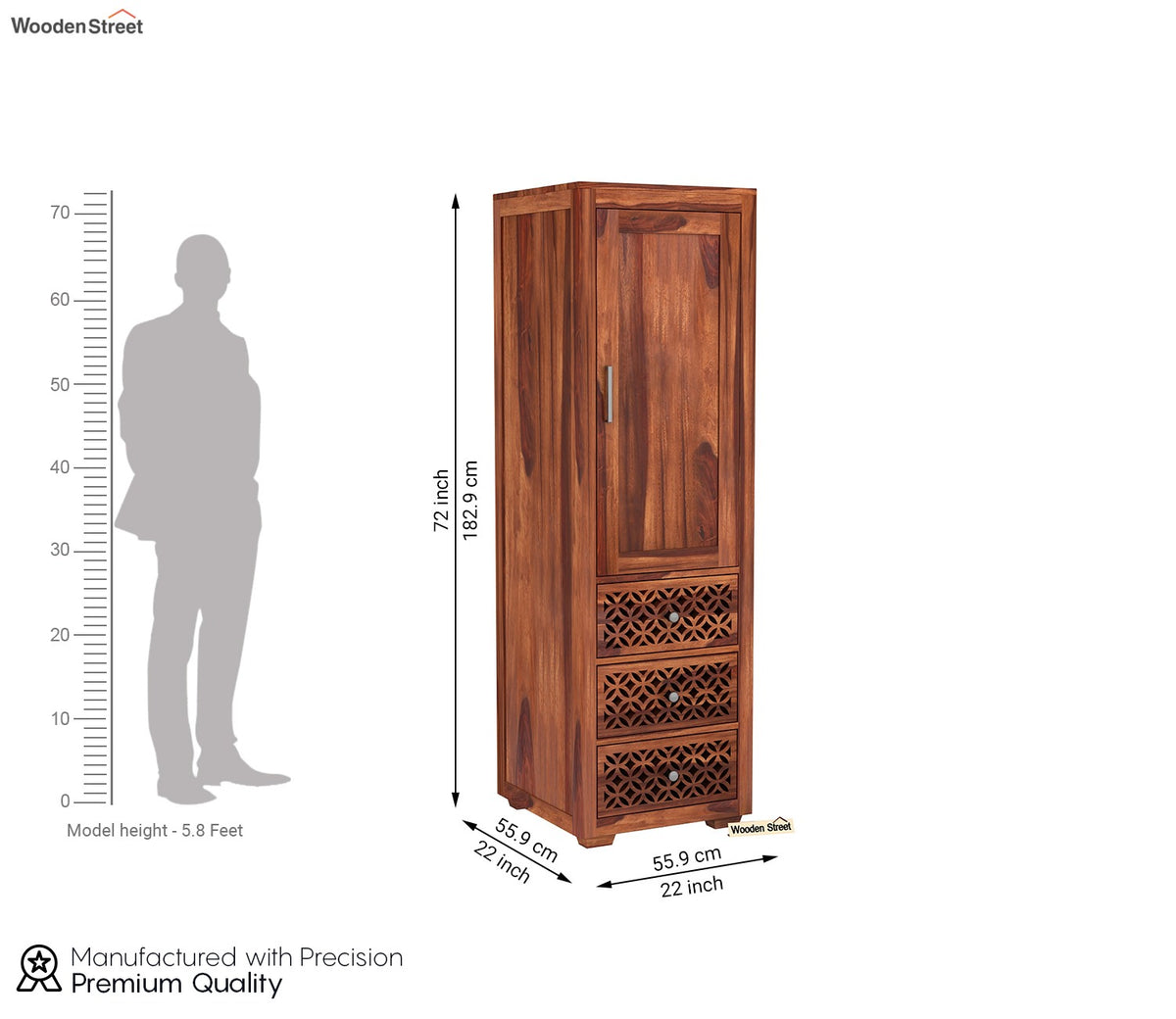 Cambrey 1 Door With 3 Drawers Wooden Wardrobe (Honey Finish)