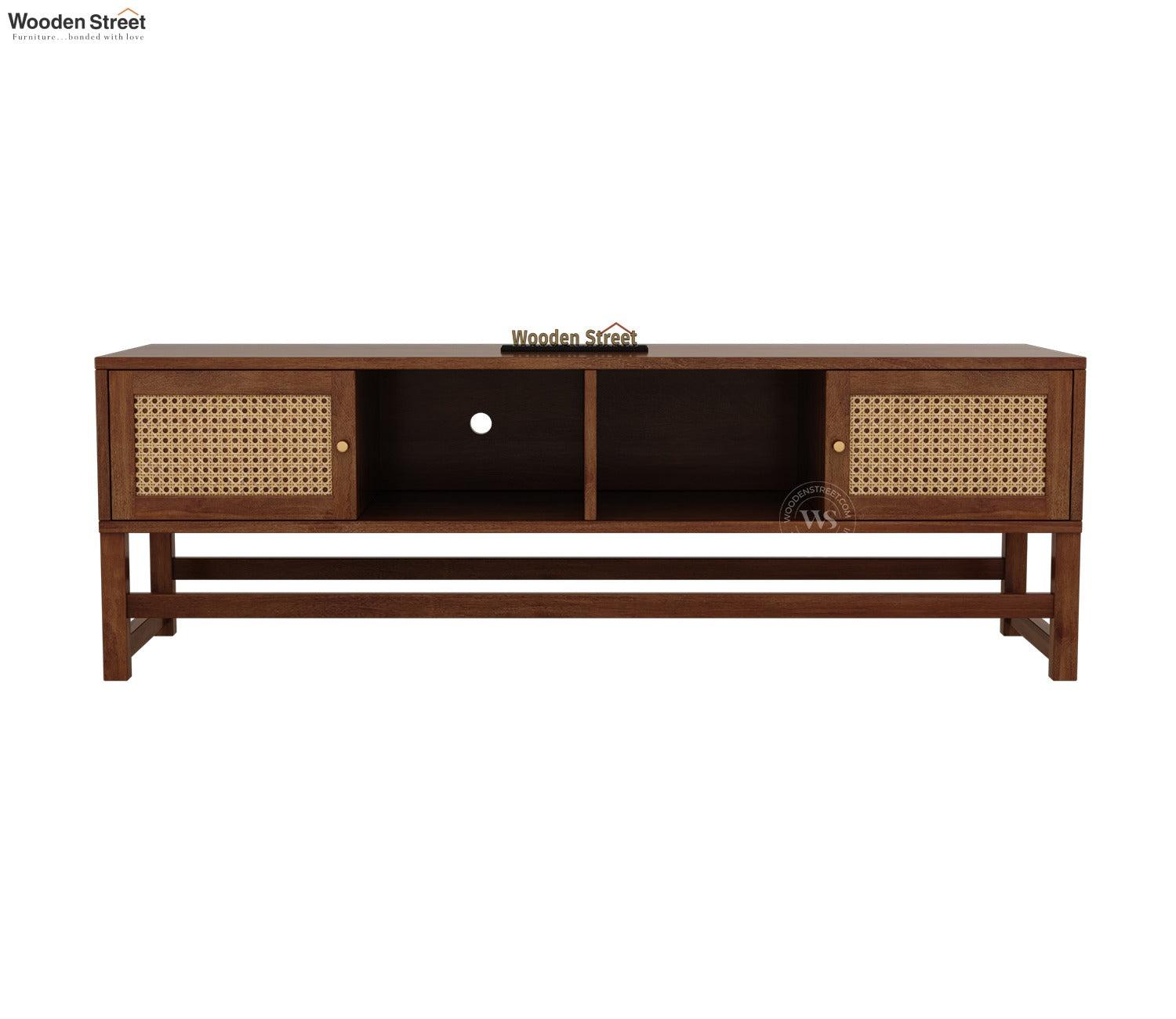 Imperio Premium Solid Wood TV Unit With Cane Door Cabinets & Open Shelves (Mango Wood, Honey Finish)