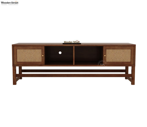 Imperio Premium Solid Wood TV Unit With Cane Door Cabinets & Open Shelves (Mango Wood, Honey Finish)
