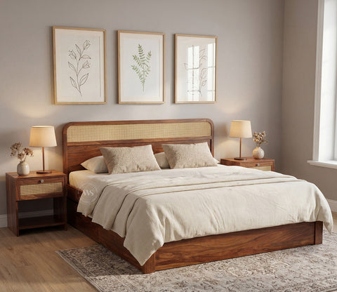 Balikos Sheesham Wood Bed with Drawer Storage and Cane Detailing (Queen Size, Teak Finish)
