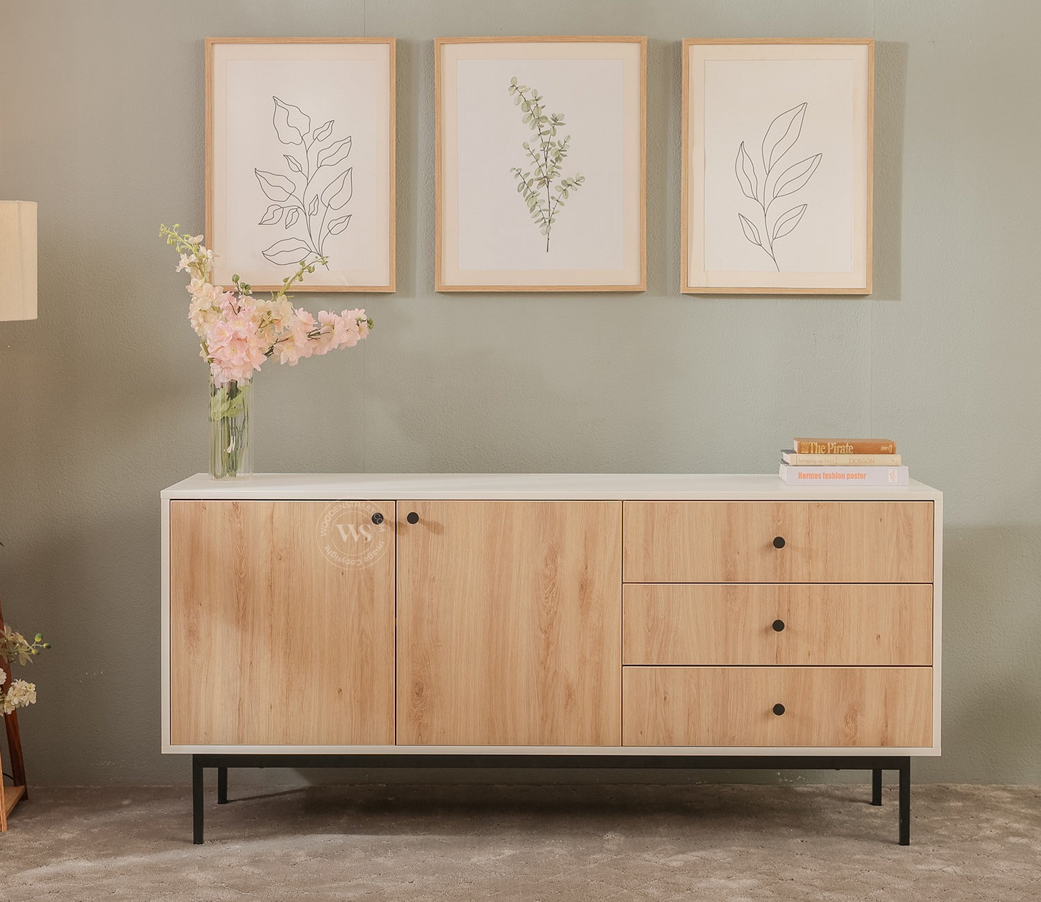 Marbay Modern White Sideboard & Cabinet with Textured Front & Metal Base (Engineered Wood, Santana Pattern)