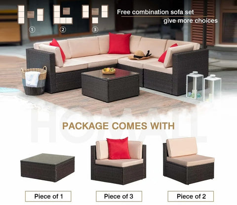 Dark Brown Rattan And Wicker L Shape Sofa Set With Table And Cream Cushions