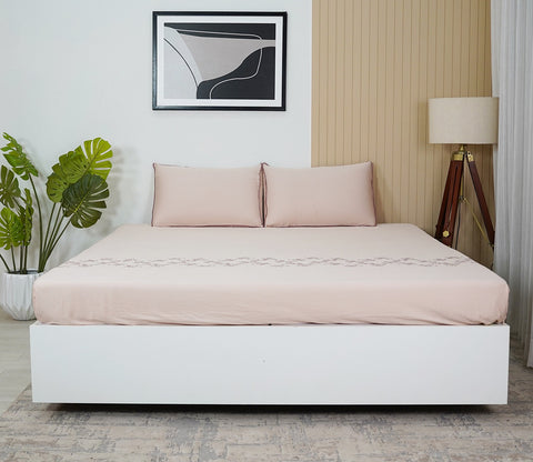 Floral Embroidery 300 TC Flat Pure Cotton King Size Bedsheet With 2 Pillow Covers (Pink)
