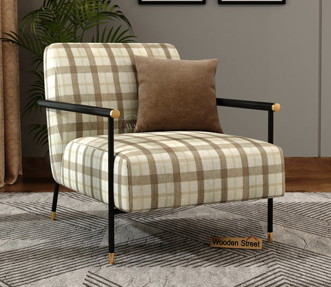 Valentina Metal Lounge Chair (Cream Checkered, Black Finish)