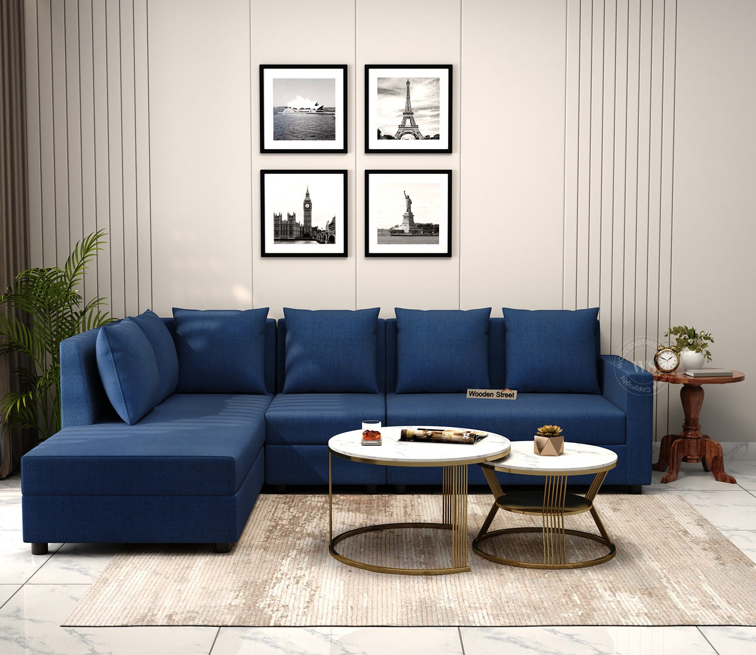Sible L-Shape 6 Seater Left Aligned Fabric Sofa (Cotton, Azure Blue)