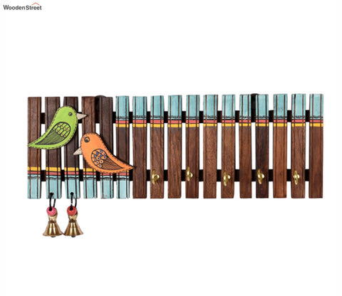 Handcrafted Tribal Art Wooden Stripes And Birds Key Holder - 4 Keys