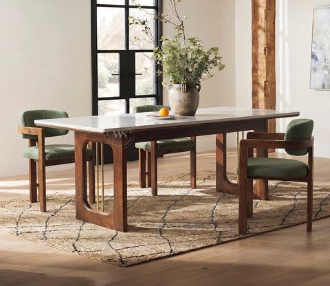Mikavya 6 Seater Sheesham Wood Dining Table Set with Quartz Top (Sage Green)