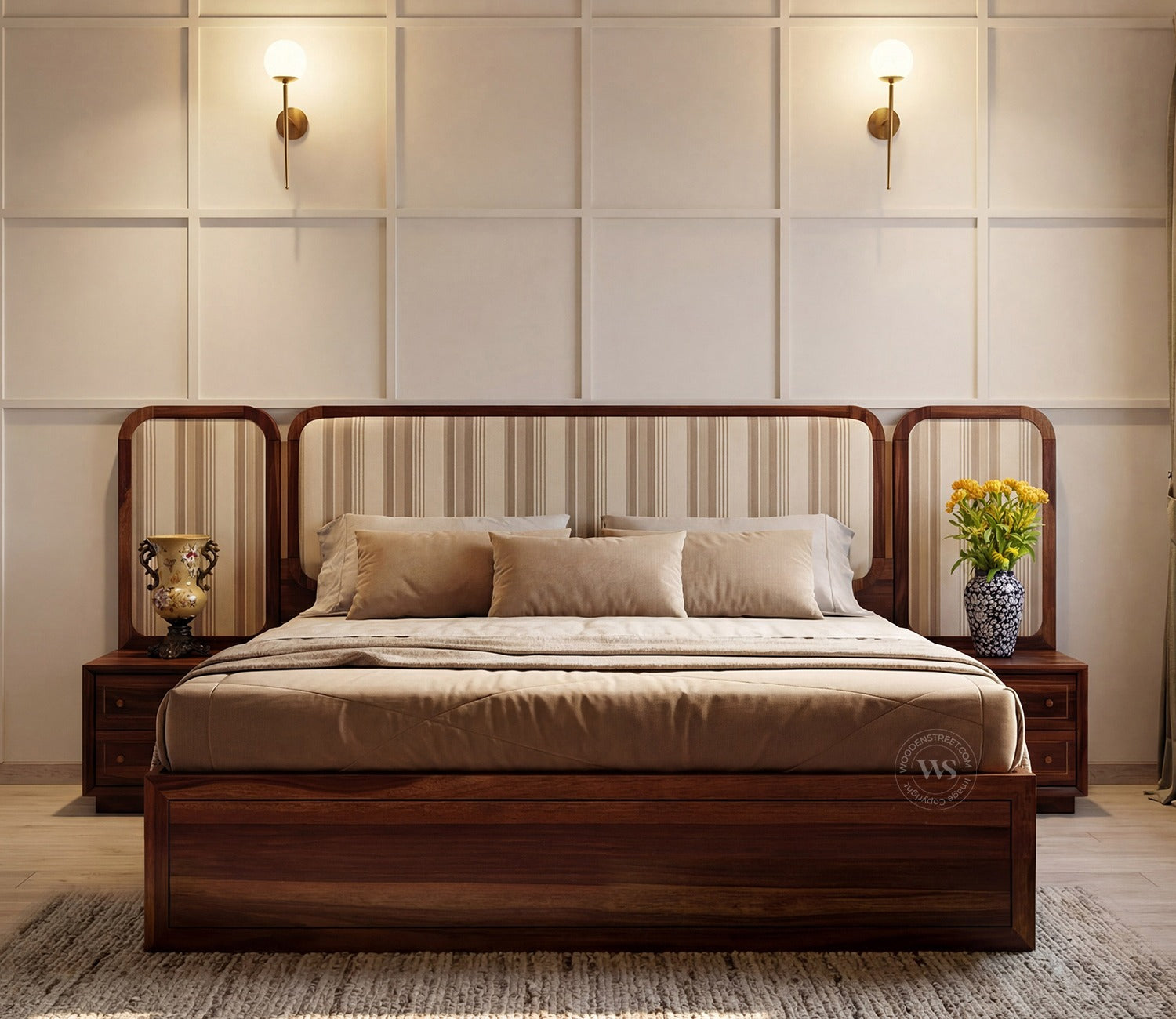Iransh Premium Sheesham Wood Bed with Striped Headboard Drawer Storage and 2 Bedside Tables (King Size, Cream Stripe)