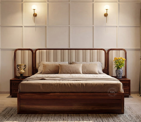 Iransh Premium Sheesham Wood Bed with Striped Headboard Drawer Storage and 2 Bedside Tables (King Size, Cream Stripe)