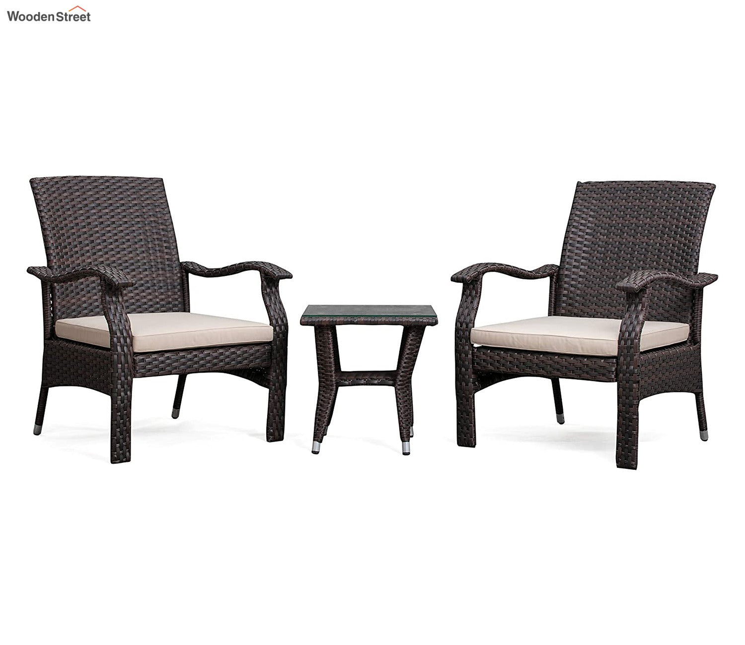 Dark Brown Rattan And Wicker 2 Seater Set With Table And Off White Cushions