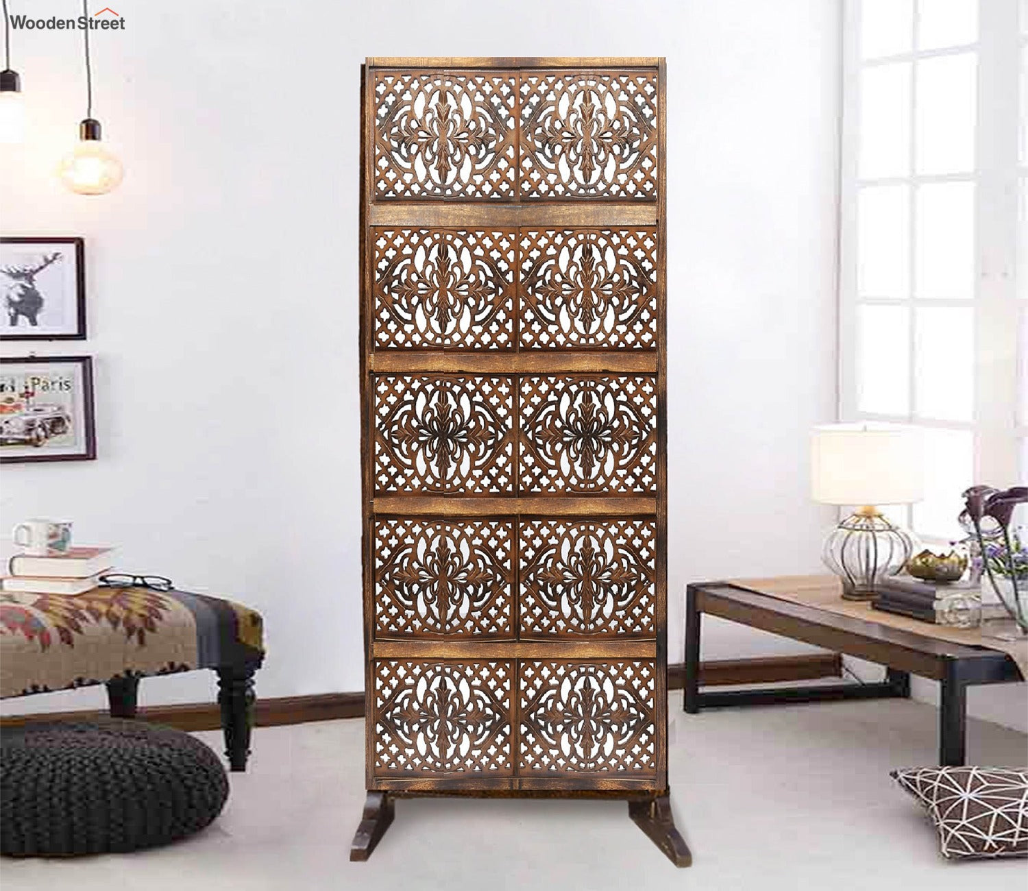 Ethan Floral Hand Carved Wooden Room Divider Single Panel With Stand