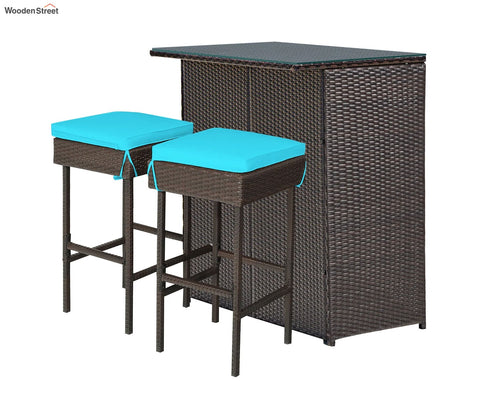 Dark Brown Rattan And Wicker 2 Seater Outdoor Bar Set With Sky Blue Cushions