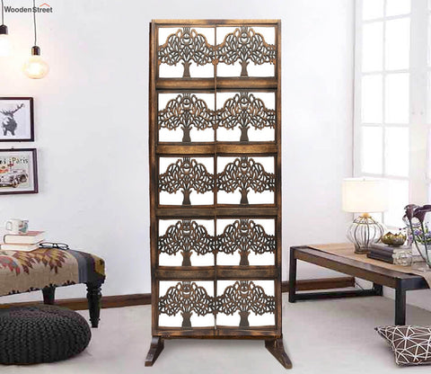 Hand Carved Wooden Room Divider Single Panel Tree Design With Stand