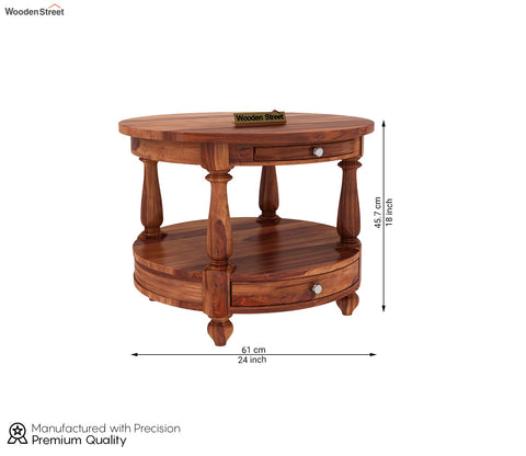 Alice Sheesham Wood Round Coffee Table with Drawers (Honey Finish)