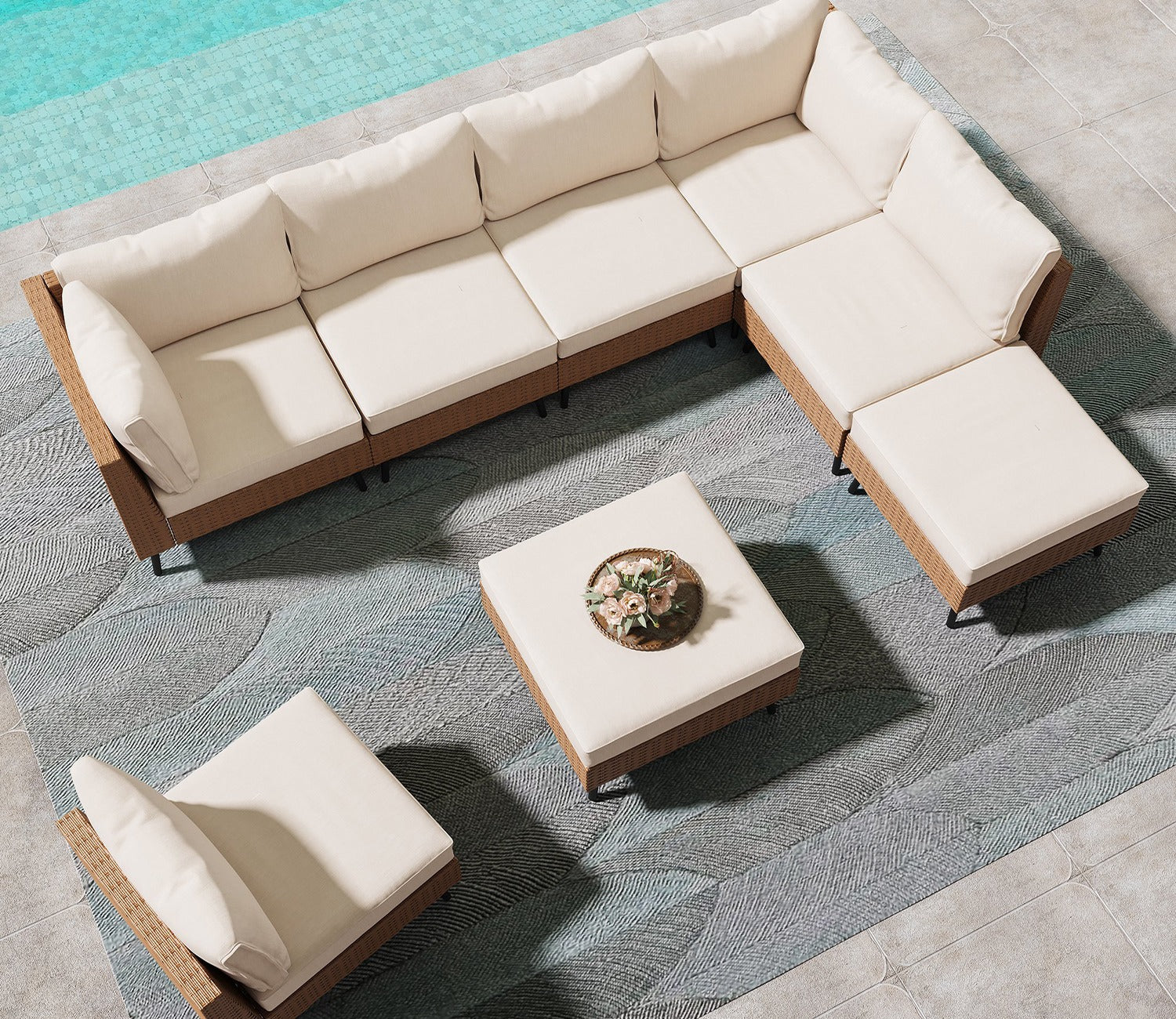 Beige Rattan And Wicker 8 Seater Patio Set With Off White Cushions