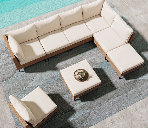 Beige Rattan And Wicker 8 Seater Patio Set With Off White Cushions