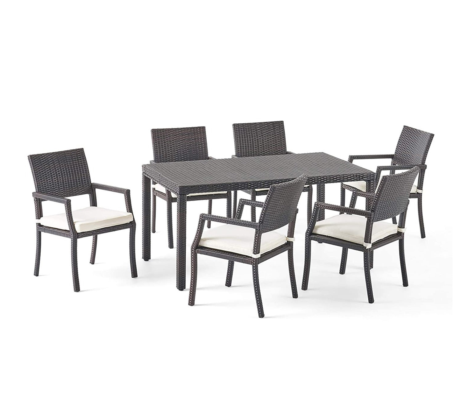 Dark Brown Rattan And Wicker Dinning Set With Cream Cushions