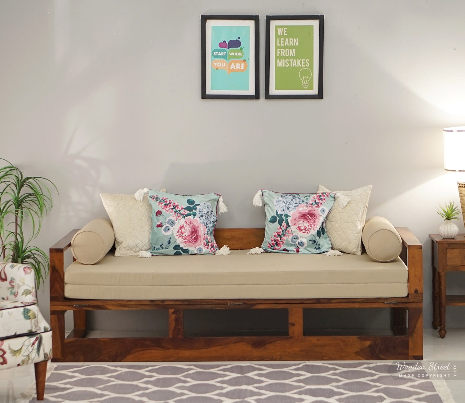 Bacon 3 Seater Divan Cum Bed with Mattress (King Size, Honey Finish)
