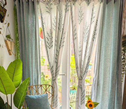 Jacquard Tree 1 Piece Sheer Curtain (Blue, 7 Feet)