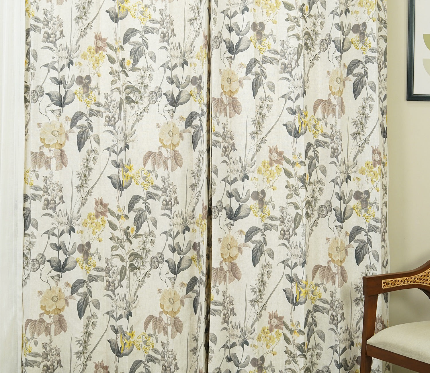 Leafy Floral Print Light-Filtering Door Curtains Set of 2 (Grey, 7 Feet)