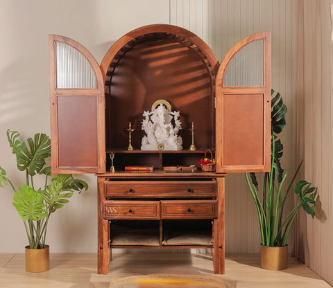 Anant Sheesham Wood Home Temple with Cane & Fluted Glass Doors and Spacious Drawers (Teak Finish)