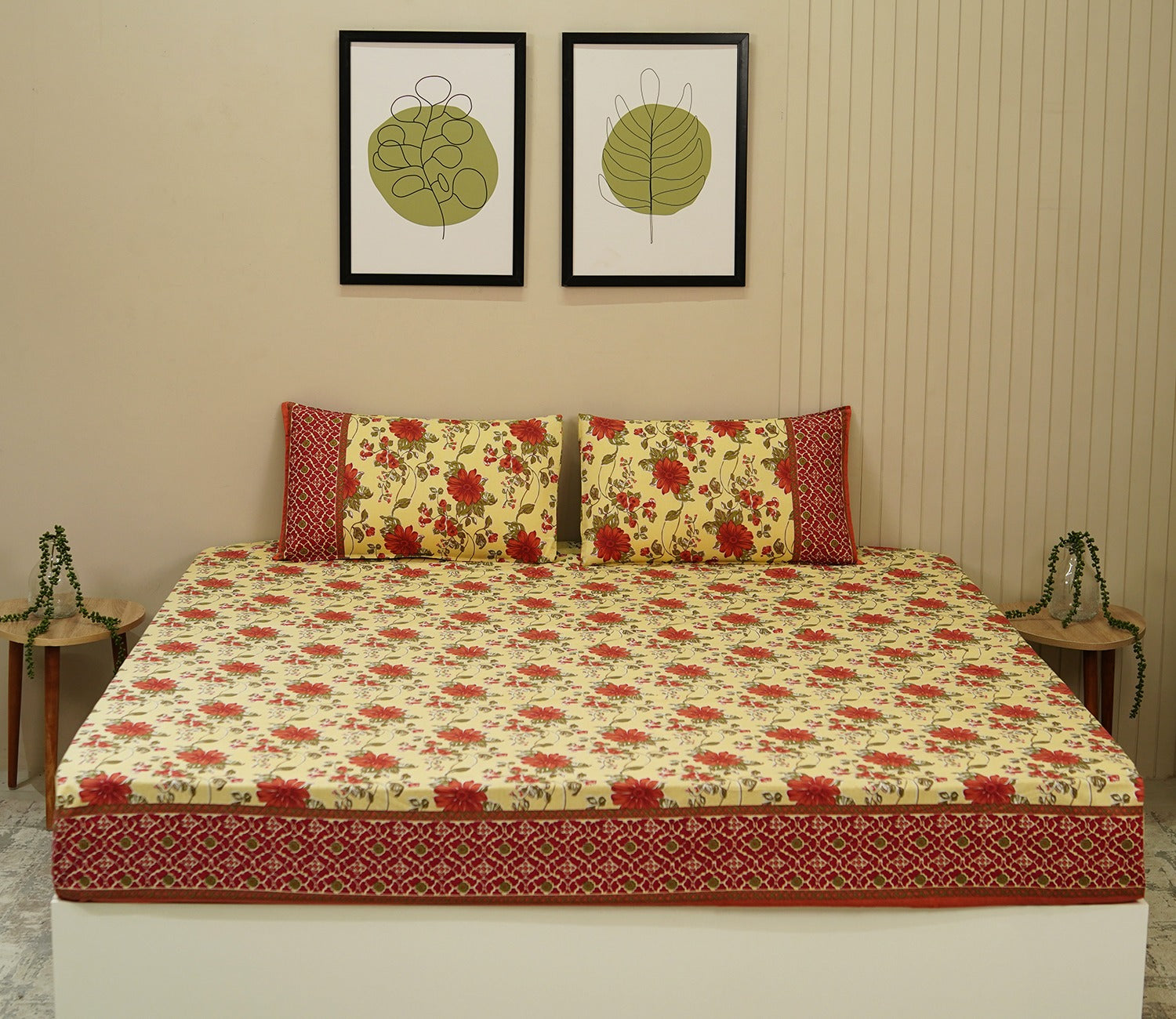 120 TC Floral Jaipuri Printed Cotton Double Bedsheet With 2 Pillow Cover