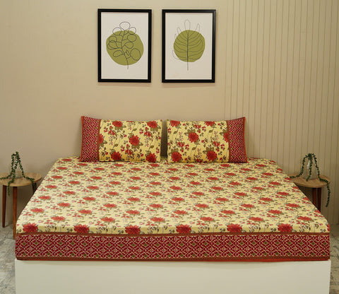 120 TC Floral Jaipuri Printed Cotton Double Bedsheet With 2 Pillow Cover