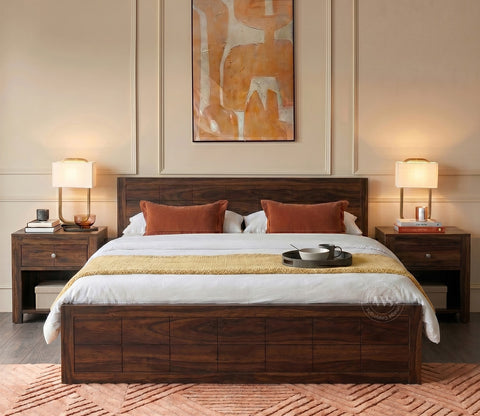 Brixton Sheesham Wood Bed With Box Storage (King Size, Walnut Finish)