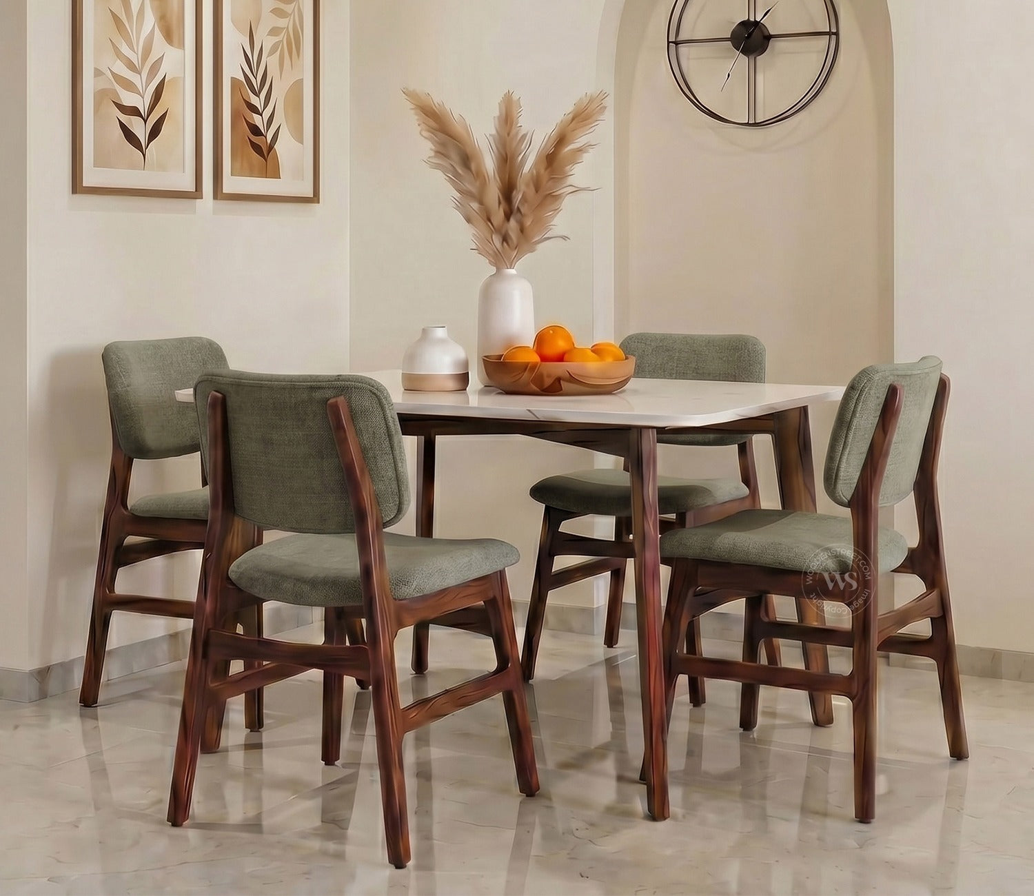 Vivara 4 Seater Dinining Set with Valence Quartz-Top Table and Vinara Upholstered Chair (Sage Green)