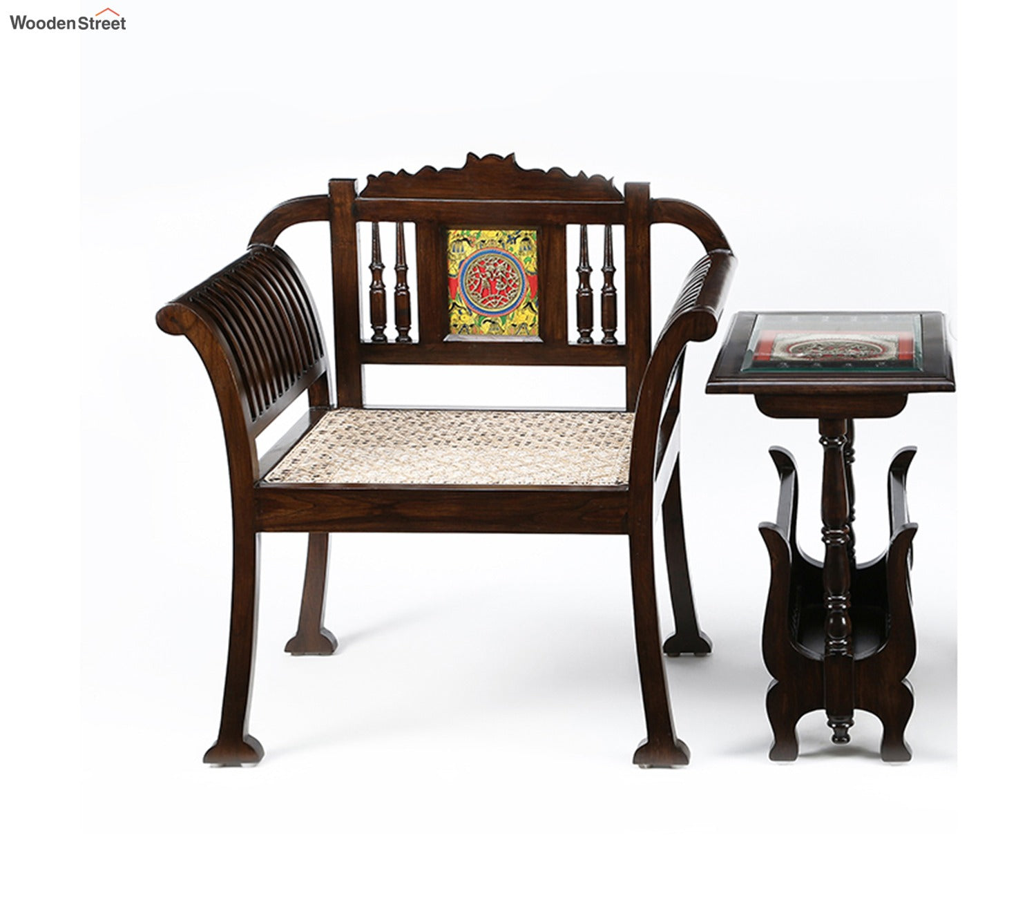 Alpa Single Seater Sofa with Cane Work and Designer Back Rest in Walnut Finish