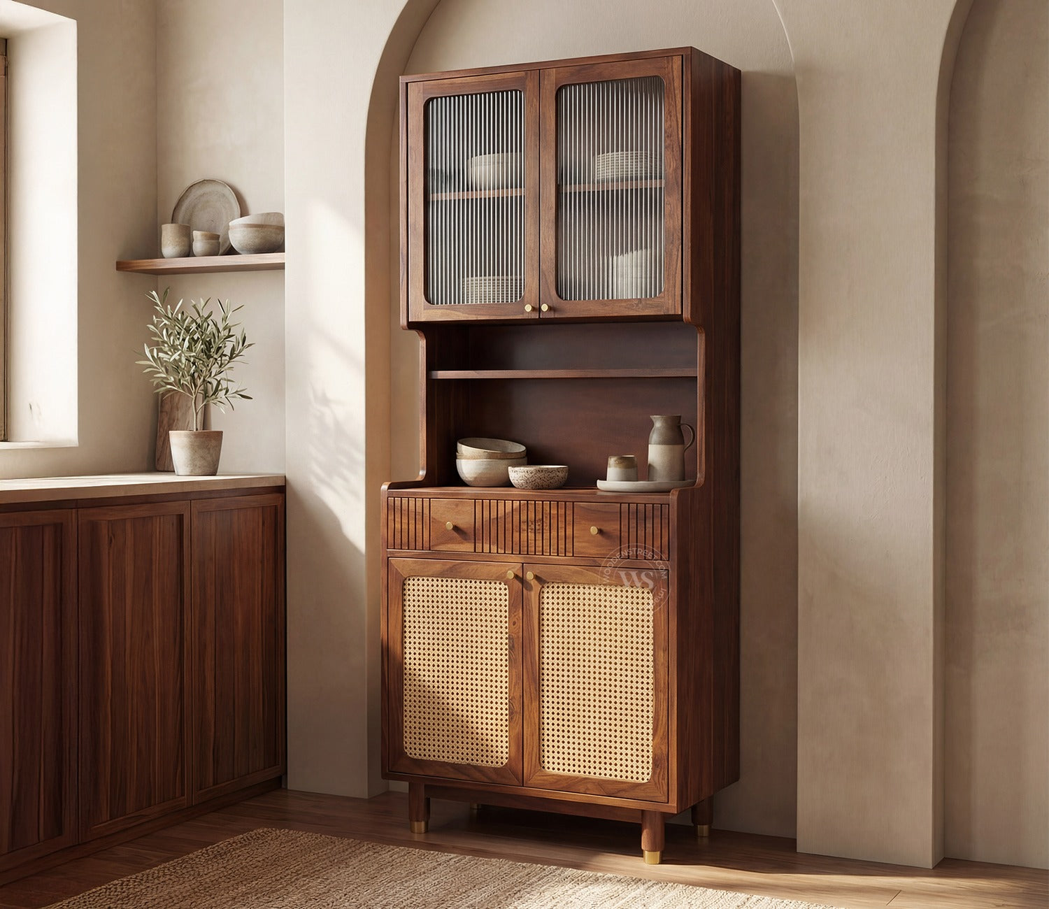 Sanchay Classic Kitchen Cabinet with Fluted Glass, Cane Weave & Brass Knobs (Teak Finish)