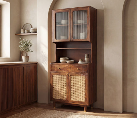 Sanchay Classic Kitchen Cabinet with Fluted Glass, Cane Weave & Brass Knobs (Teak Finish)