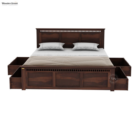 Adolph Sheesham Wood Bed With Side Storage (King Size, Walnut Finish)