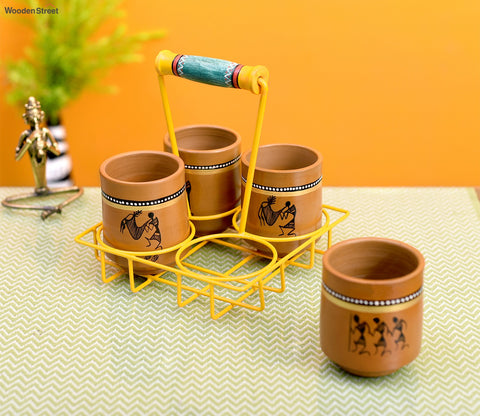 Ram Pyari Kullad Set in Yellow Handpainted Metal Stand - Set of 4