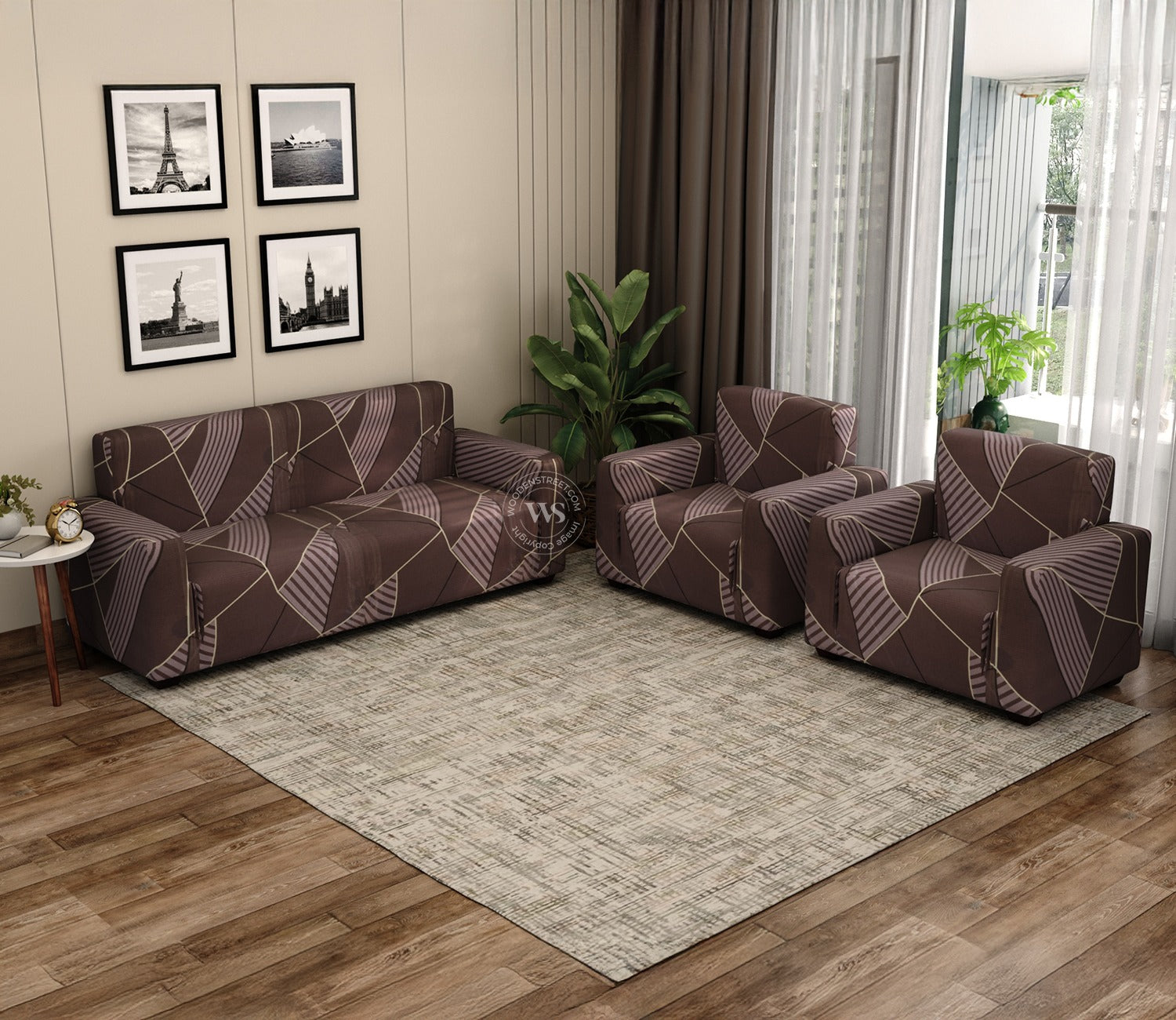 Cason Modern Abstract Printed Polyester Spandex 3+1+1 Sofa Cover Set (Brown)
