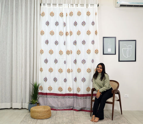 Flower Butah Multicolor 1 Piece Long Door Curtain (White, 9 Feet)