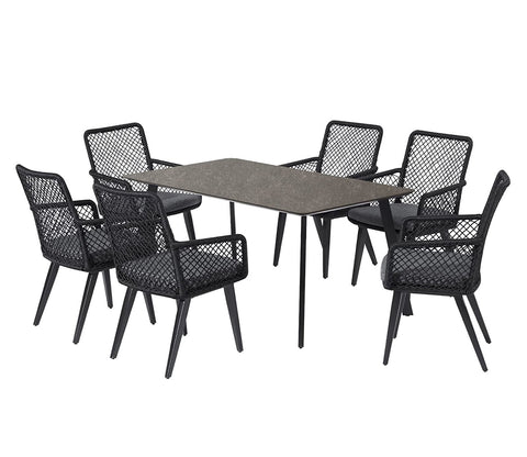 Black 6 Seater Dining Set With Table And Grey Cushions