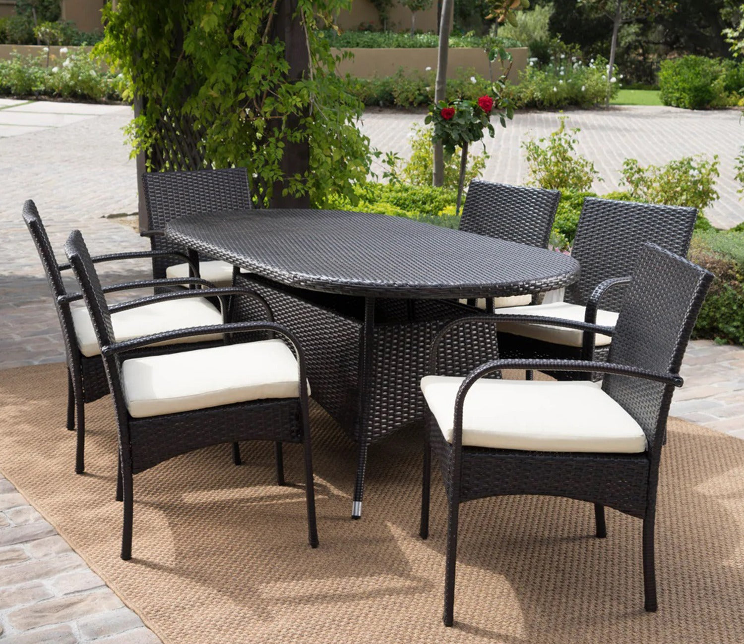 Dark Brown Rattan And Wicker Dinning Patio Set With Cream Cushions