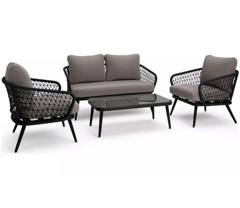 Grey Rope 4 Seater Sofa Set With Table And Black Cushions