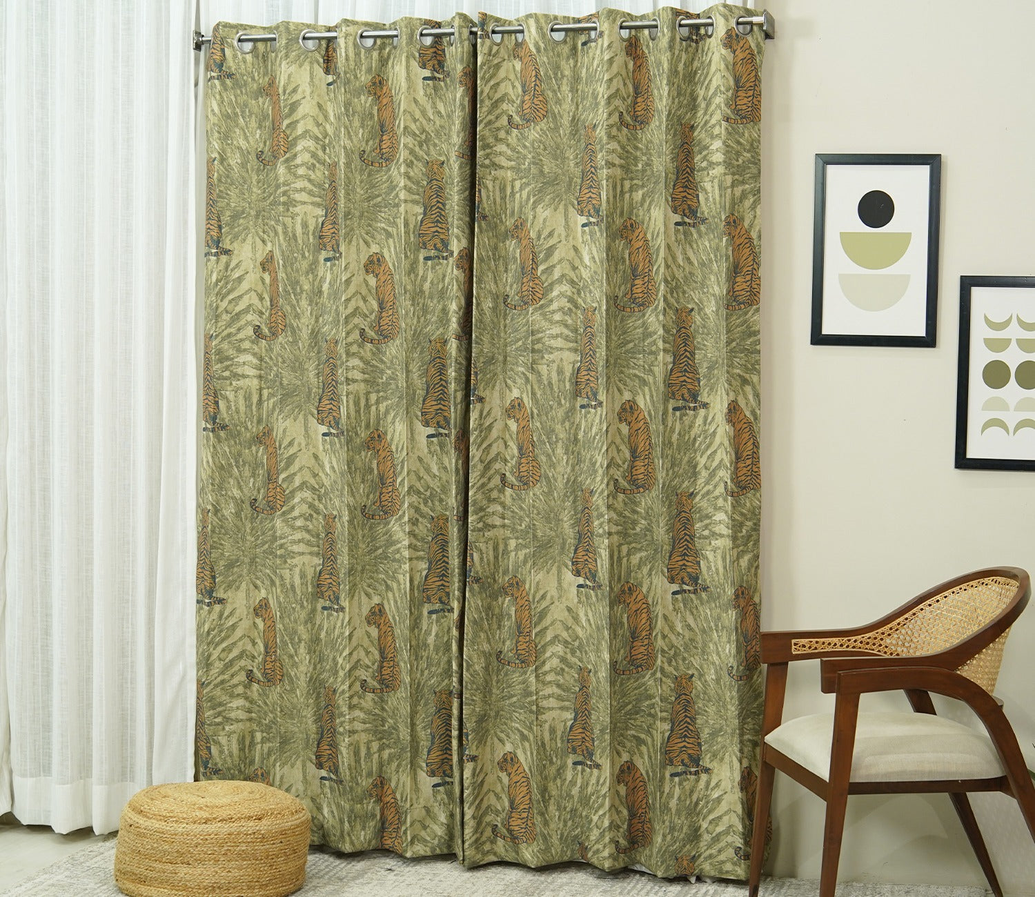 Leopard Print Light-Filtering Door Curtains Set of 2 (Green, 7 Feet)
