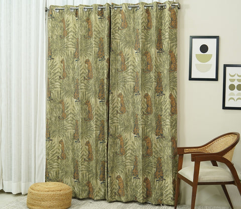 Leopard Print Light-Filtering Door Curtains Set of 2 (Green, 7 Feet)