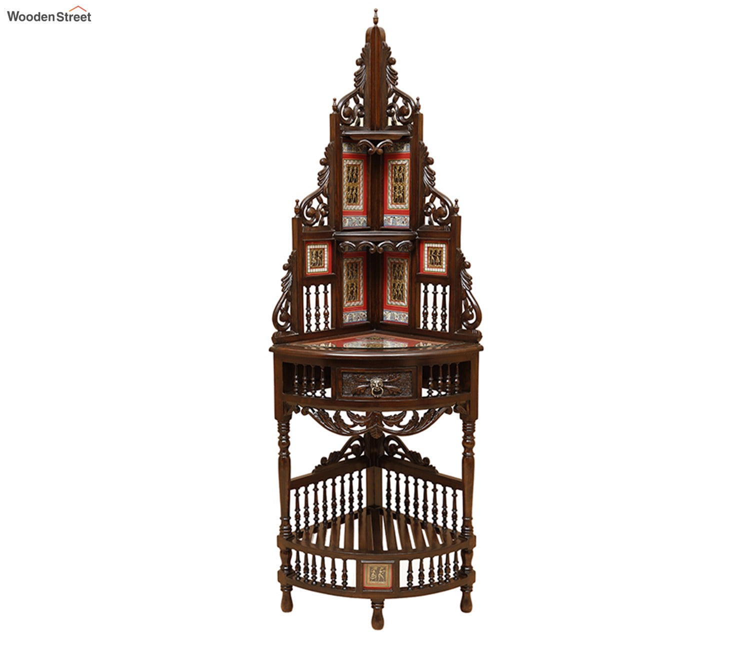 Quadro Teak Wood Corner Table with Storage and Carved Elevation